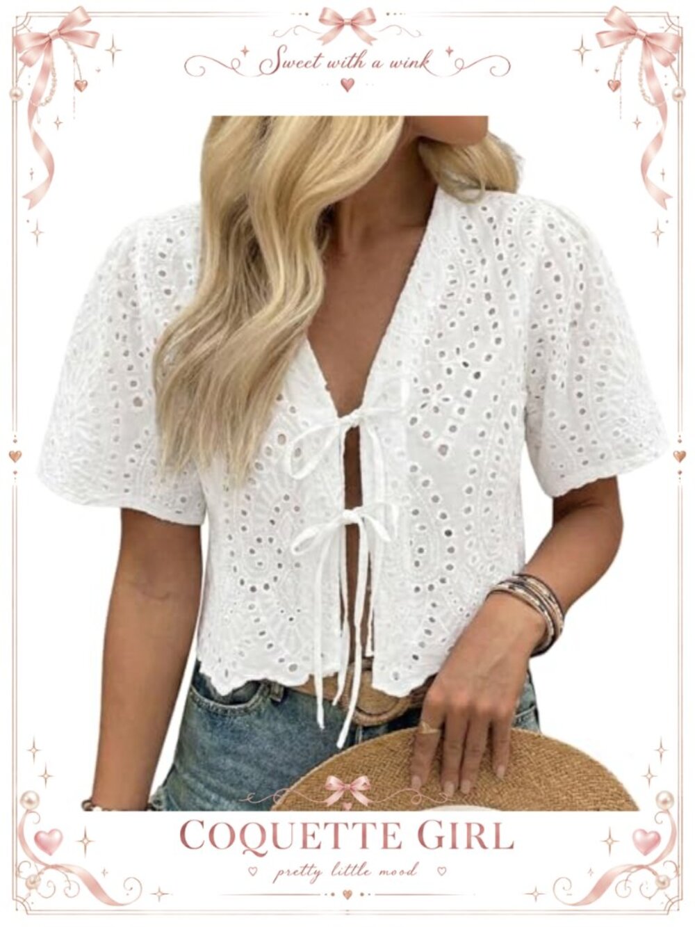 100% Cotton Eyelet Lace Tie Front Short Sleeve Cropped Blouse